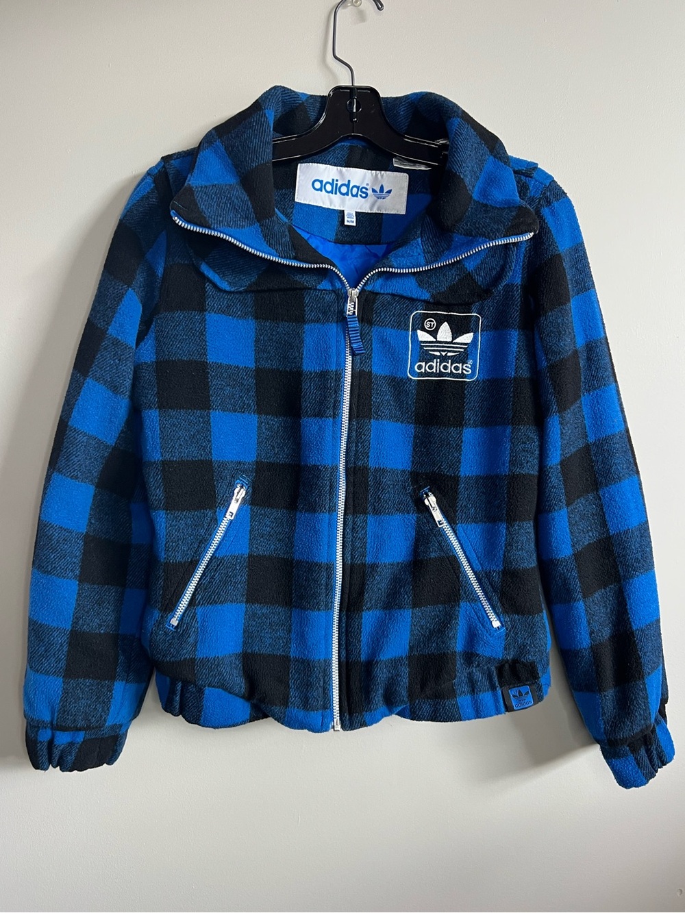 Adidas Blue Buffalo Plaid Full Zip Fleece Jacket Women’s Medium Cozy Outdoor
